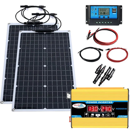 2000W Solar Energy System 110V/220V 4000W Solar Panel Inverter Glass 12V Battery Charging Controller For Home/Outdoor Use
