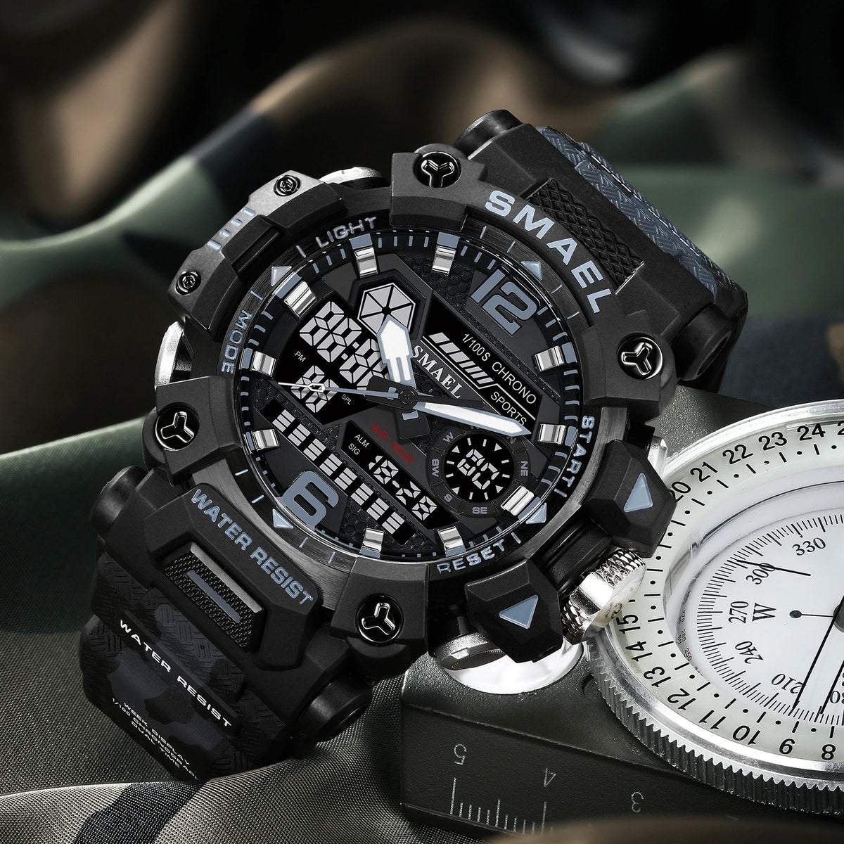 SMAEL 8072 Men's Analog Digital Dual Display Sport Watch - 50M Waterproof LED Backlight Alarm Stopwatch Chronograph Dual Time Zo