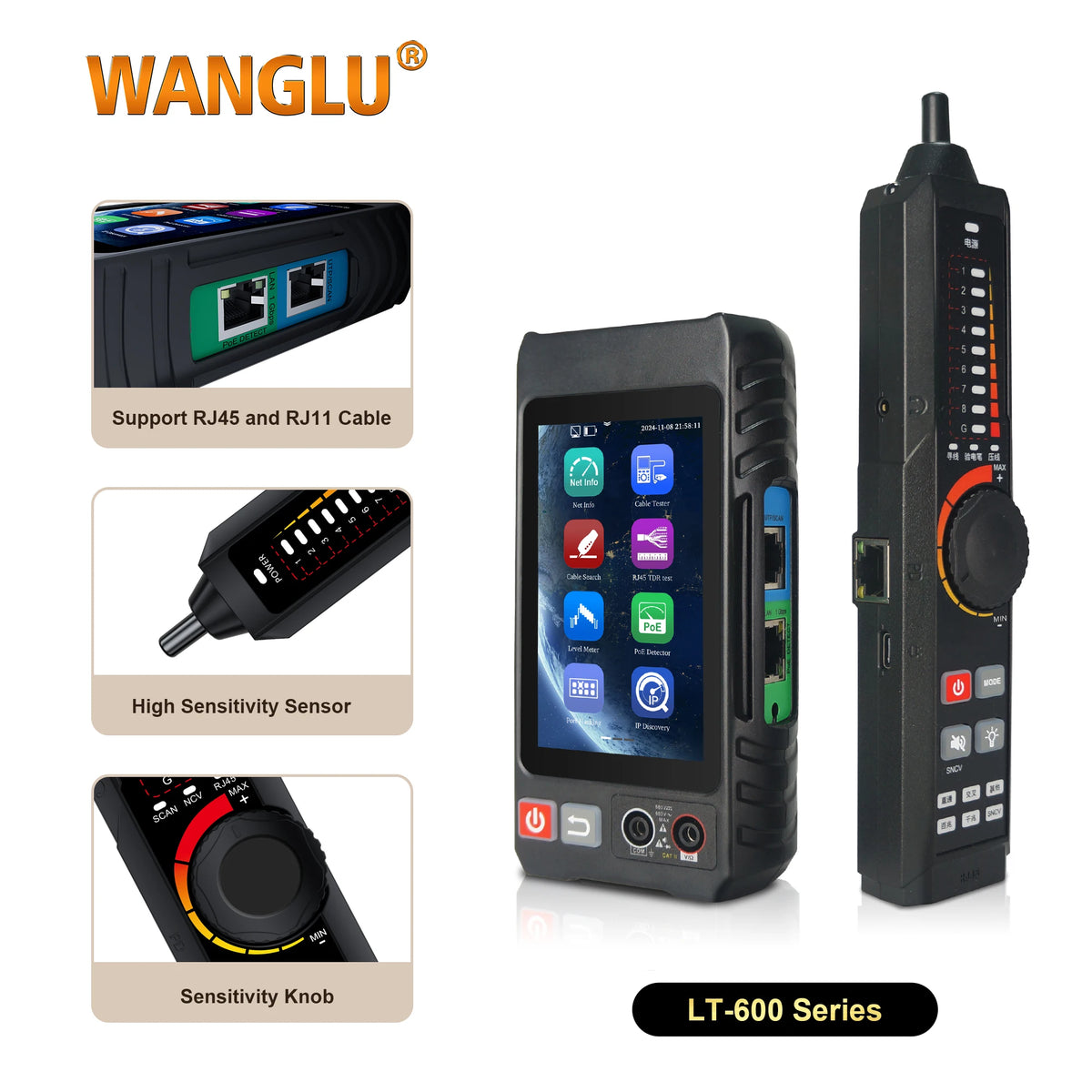 WANGLU 4" Touch Screen UTP Cable Tester PoE VFL OPM TDR Level Meter Test IP Search Scan Tracer in one Network Cable Tool