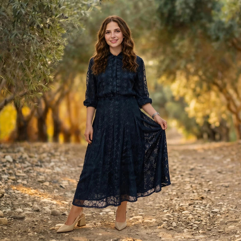 2pcs Set Shabbos Outfit XS-3XL Long Sleeve Shirt And Maxi Skirt Formal Mesh Outer Satin Lining Elegant Girl and Lady Clothing