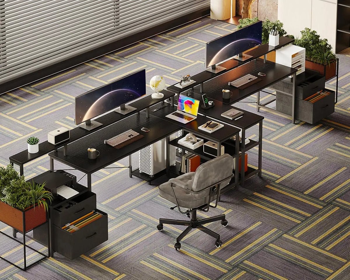 #75" L Shaped Desk with File Drawers, Work from Home Office Desk with Power Outlet, Reversible Computer Desk with, Customized