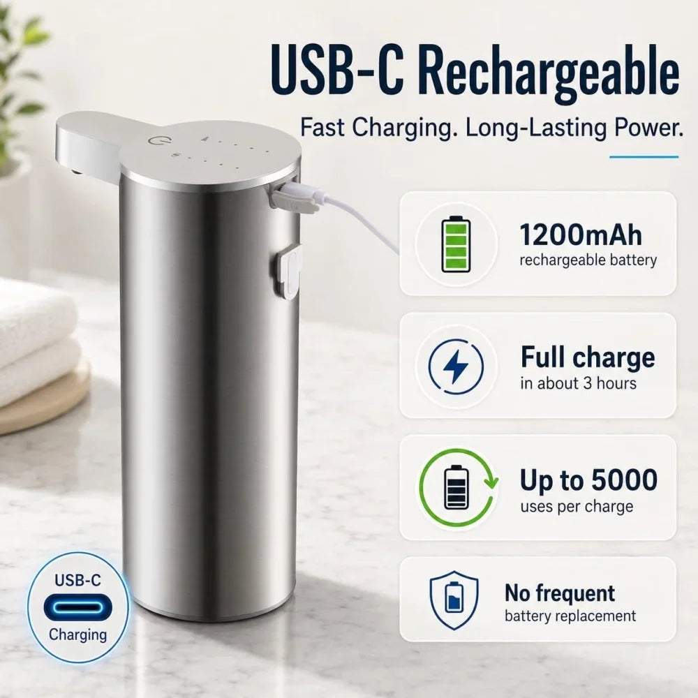 Stainless Steel Automatic Soap Dispenser USB Rechargeable Waterproof Smart Sensor Kitchen/Bathroom Foam/Liquid Soap Dispenser