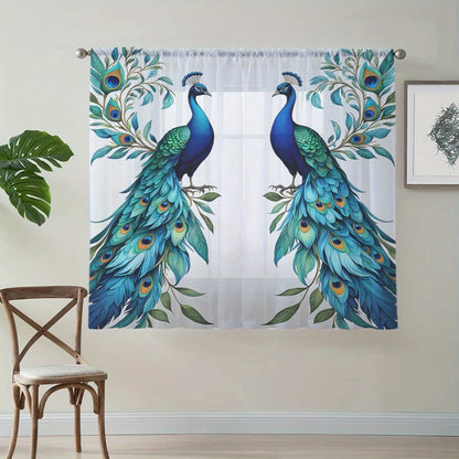 2PCS Digital Print Sheer Curtains, Symmetric Blue Peacock, Exotic Elegant Ornamental for Bedroom Living Room Home Decor