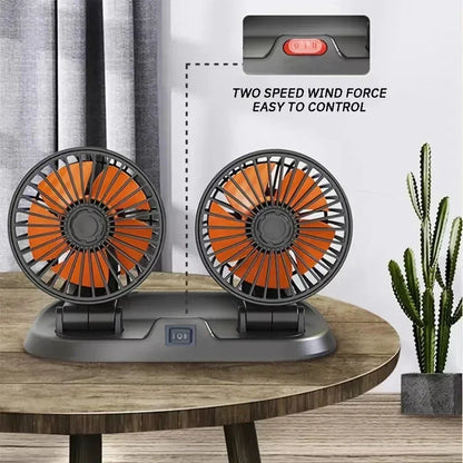 Multi-Voltage Car Fan | Dual Head USB Cooler | 2-Speed Adjustable | Auto Air Ventilation | 5V/12V/24V Compatible