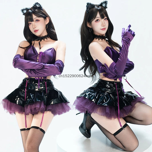 Sexy Little Devil Cosplay Costume Fashion Corset Crop Tops with Tutu Skirt Gloves Set Women Halloween Party Bunny Girl Costumes