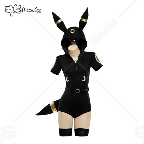 MEOWCOS Women Moonlight Fox Dark Gray Romper Hooded Bodysuit with Sleeves Stockings Belt and Tail Halloween Cosplay Costume