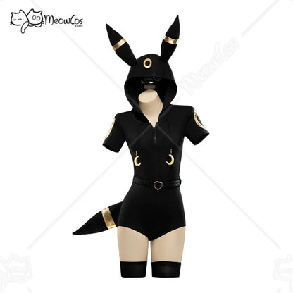 MEOWCOS Women Moonlight Fox Dark Gray Romper Hooded Bodysuit with Sleeves Stockings Belt and Tail Halloween Cosplay Costume