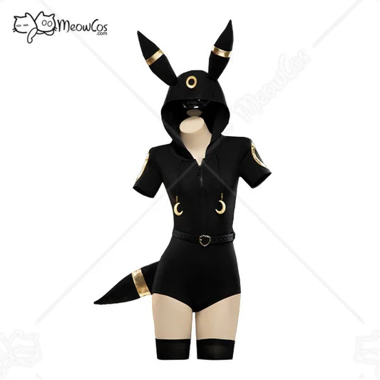 MEOWCOS Women Moonlight Fox Dark Gray Romper Hooded Bodysuit with Sleeves Stockings Belt and Tail Halloween Cosplay Costume