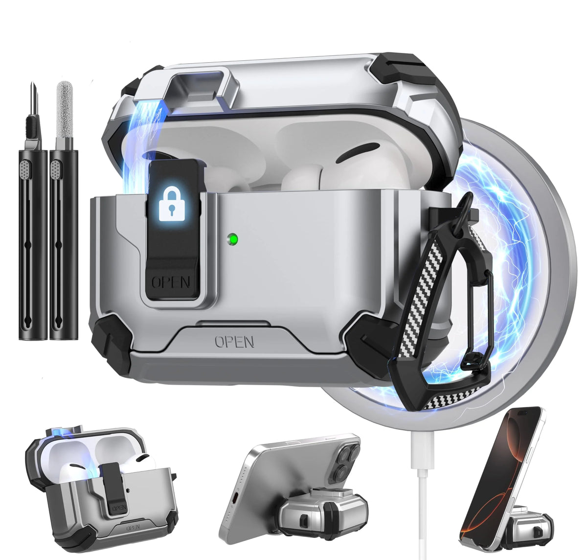 For AirPods 4 Generation Case Magnetic Automatic Lock with Phone Stand&Cleaning Kit for Airpods 4 with Active Noise Cancellation