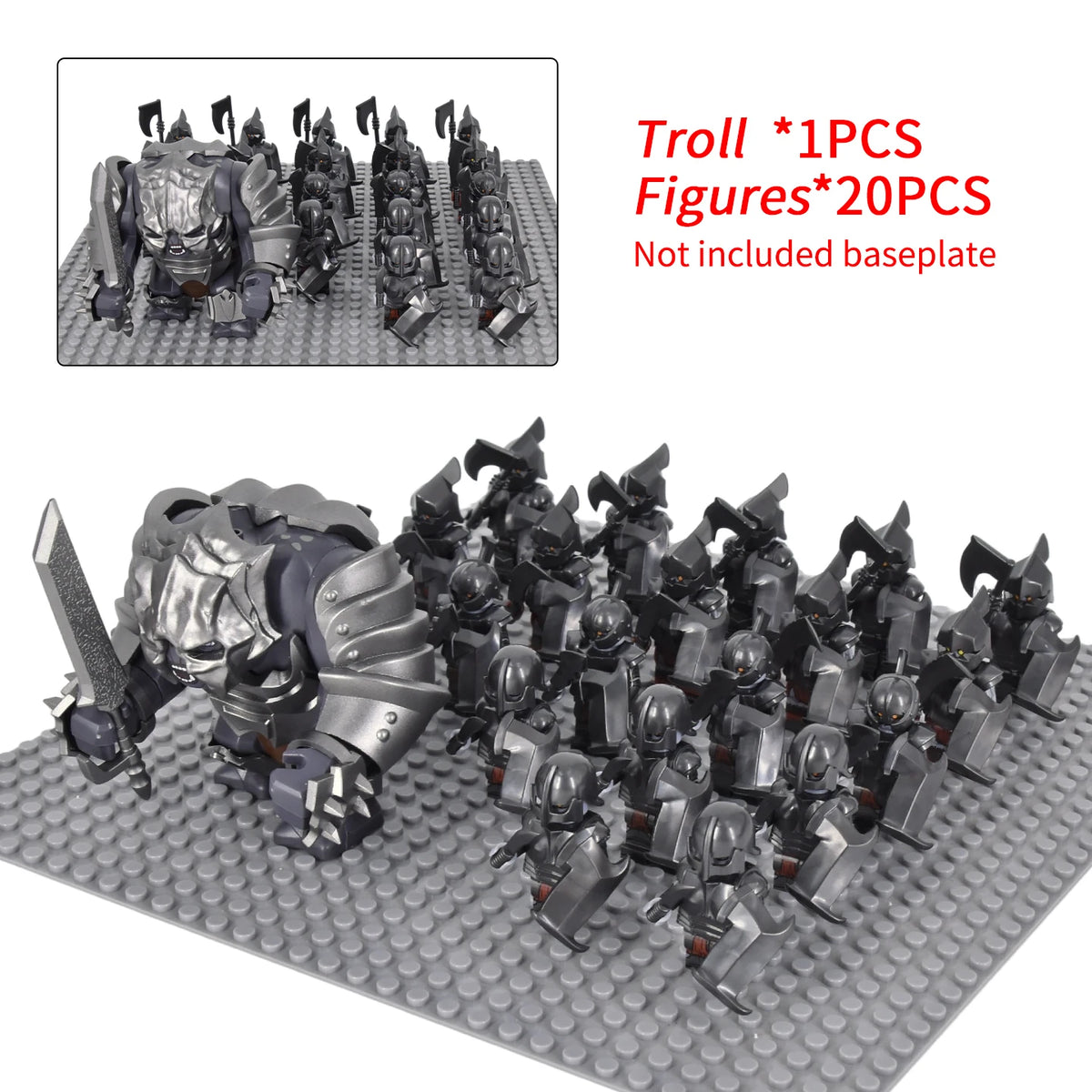 Orc Warrior Block Figures Set, Giant Troll Monster + 20Pcs Armored Soldier Models, Fantasy Army Building Bricks, Detailed Armor