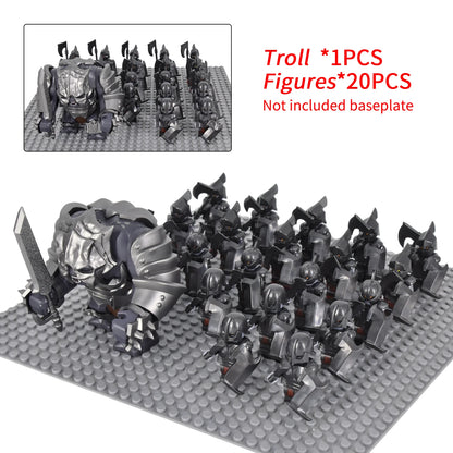Orc Warrior Block Figures Set, Giant Troll Monster + 20Pcs Armored Soldier Models, Fantasy Army Building Bricks, Detailed Armor