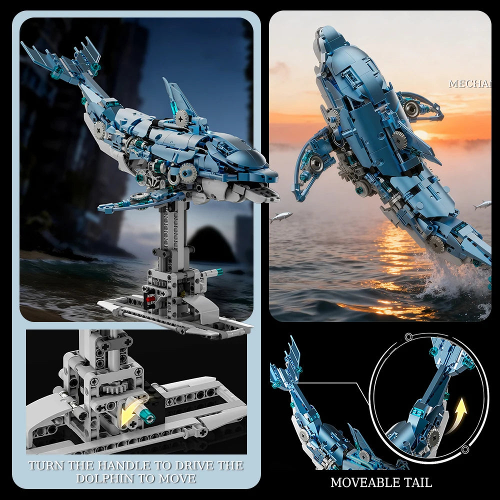 [888pcs] mechanical dolphin building block model, 14+, collector-grade desktop ornament