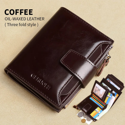 GERUOLA Men's Genuine Leather Wallet, Vintage RFID Blocking Anti-Theft Folding Wallet, ID Window, Coin Pocket, and Zipper Closur