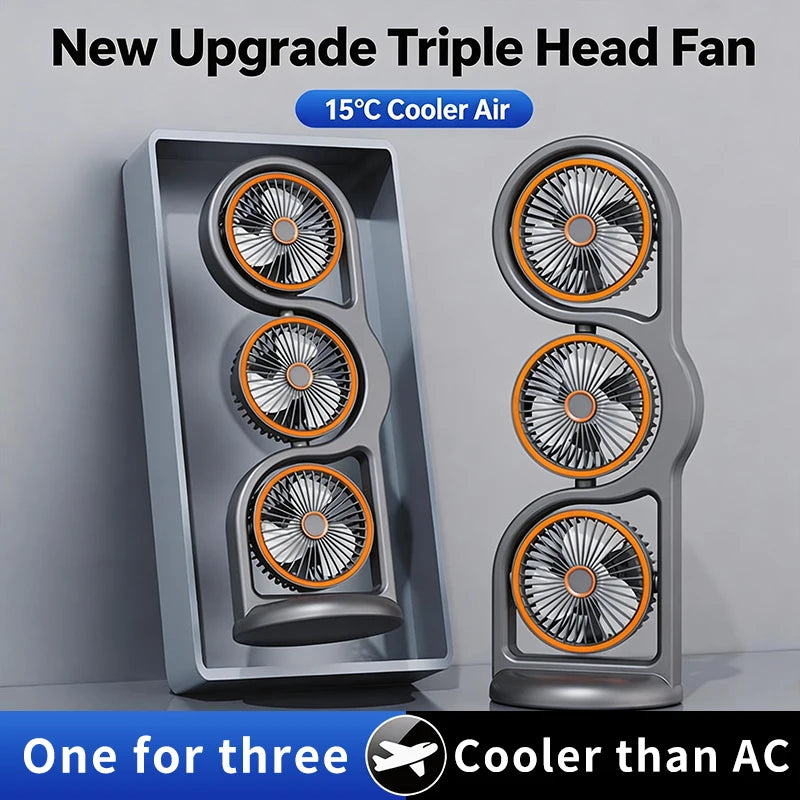 Portable USB Rechargeable 3-Head Desktop Fan, 360° Rotation Circulating Fan 5 Speed Wind for Dormitory Outdoor