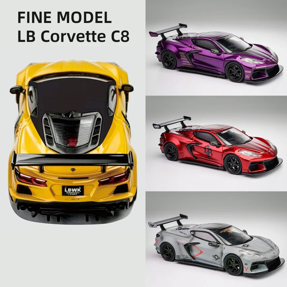 Fine Model 1/64 LB Corvette C8 Diecast Car Model Limited Edition Alloy Collectible with Display Case