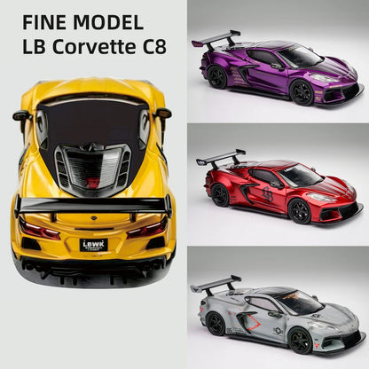 Fine Model 1/64 LB Corvette C8 Diecast Car Model Limited Edition Alloy Collectible with Display Case