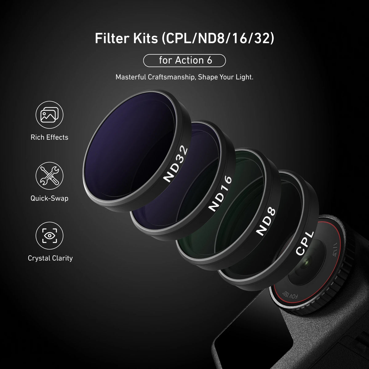 TELESIN CPL ND8 ND16 ND32 UV VND Quick Release Lens Filter for DJI OSMO Action 6 Filter Frame For DJI Action 6 CPL ND Filter Set