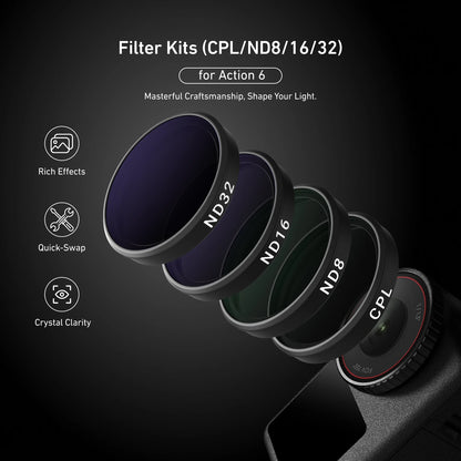 TELESIN CPL ND8 ND16 ND32 UV VND Quick Release Lens Filter for DJI OSMO Action 6 Filter Frame For DJI Action 6 CPL ND Filter Set