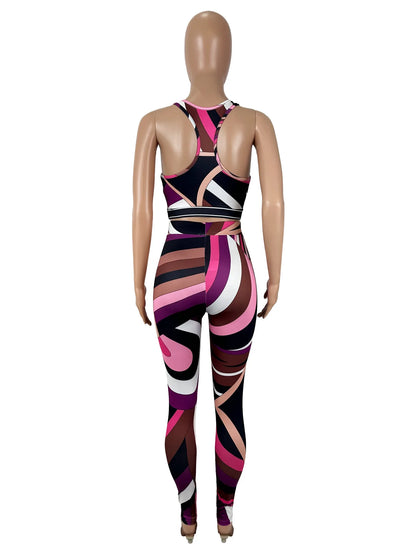 Stylish Lady Contrast Color Striped Printed 2 Piece Set Women Sleeveless Crop Top and Skinny Pant Suits 2025 Summer Sexy Outfits