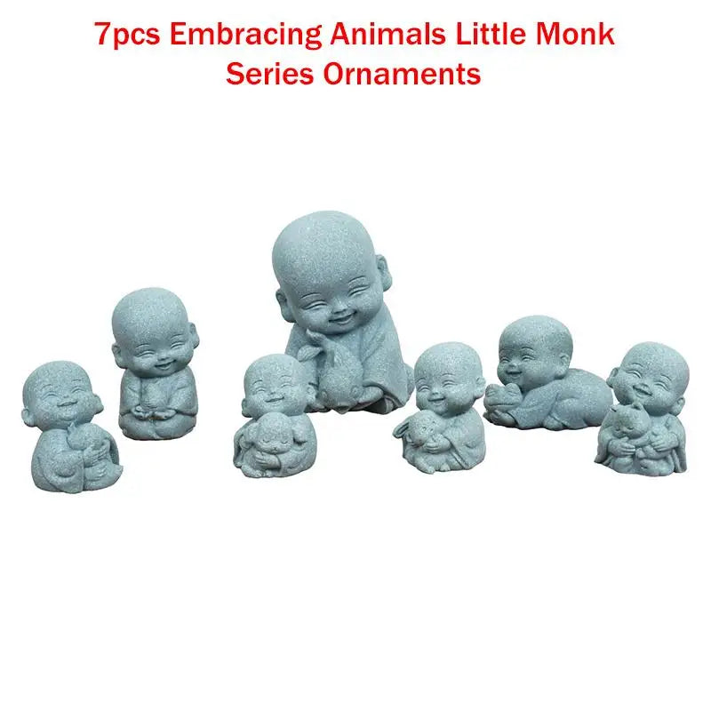 ♫Embracing Animal Monk Statue,Sandstone Finish Zen Baby Buddha Figurine,Mini Spiritual Decor for Home,Office & Garden