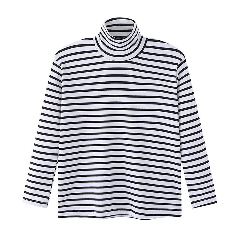 Autumn And Winter Children's Fashion Striped High Neck Long Sleeved Base Shirt Boys' Casual Sports Top Girls' Versatile Warm T