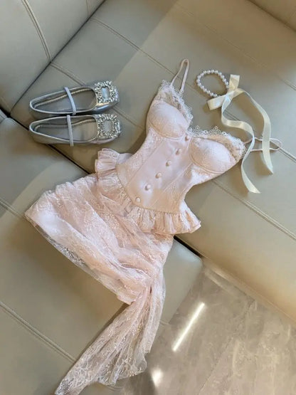 Sweet Coquette Sexy Light Pink Lace Ruffle Cami Top & Asymmetric Bodycon Skirt 2 Piece Set For Women Girls Club Party Daily Wear
