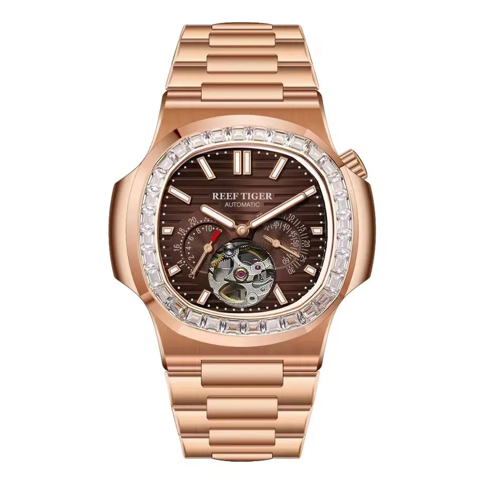 OBLVLO Men Automatic Watch Luxury 44mm Mechanical Wristwatch 50m Waterproof Sapphire Luminous Skeleton Dial 24 Hours