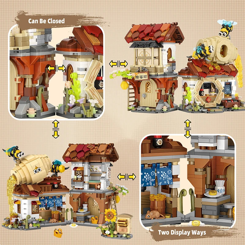 LOZ New Creative Mini Street View Bee Shop Building Block DIY Chinese Folding StreetView Pork Shop Puzzle Toys Birthday Gift