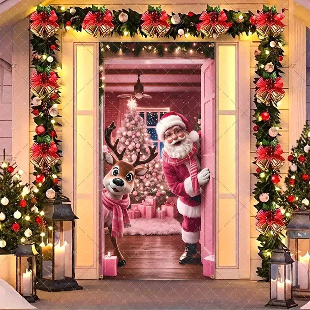 Christmas Humorous Santa Claus And Elk Door Banner Party Decorations Indoor Outdoor Veranda Door Cover Supplies Festive Gifts