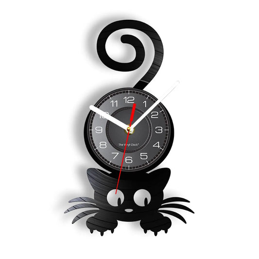 Crazy Cat Lady Wall Art Silhouette Kitten Cat with Funny Tail Home Decor Wall Clock Black Kitty Vinyl Record Clock Cat Pet Lover