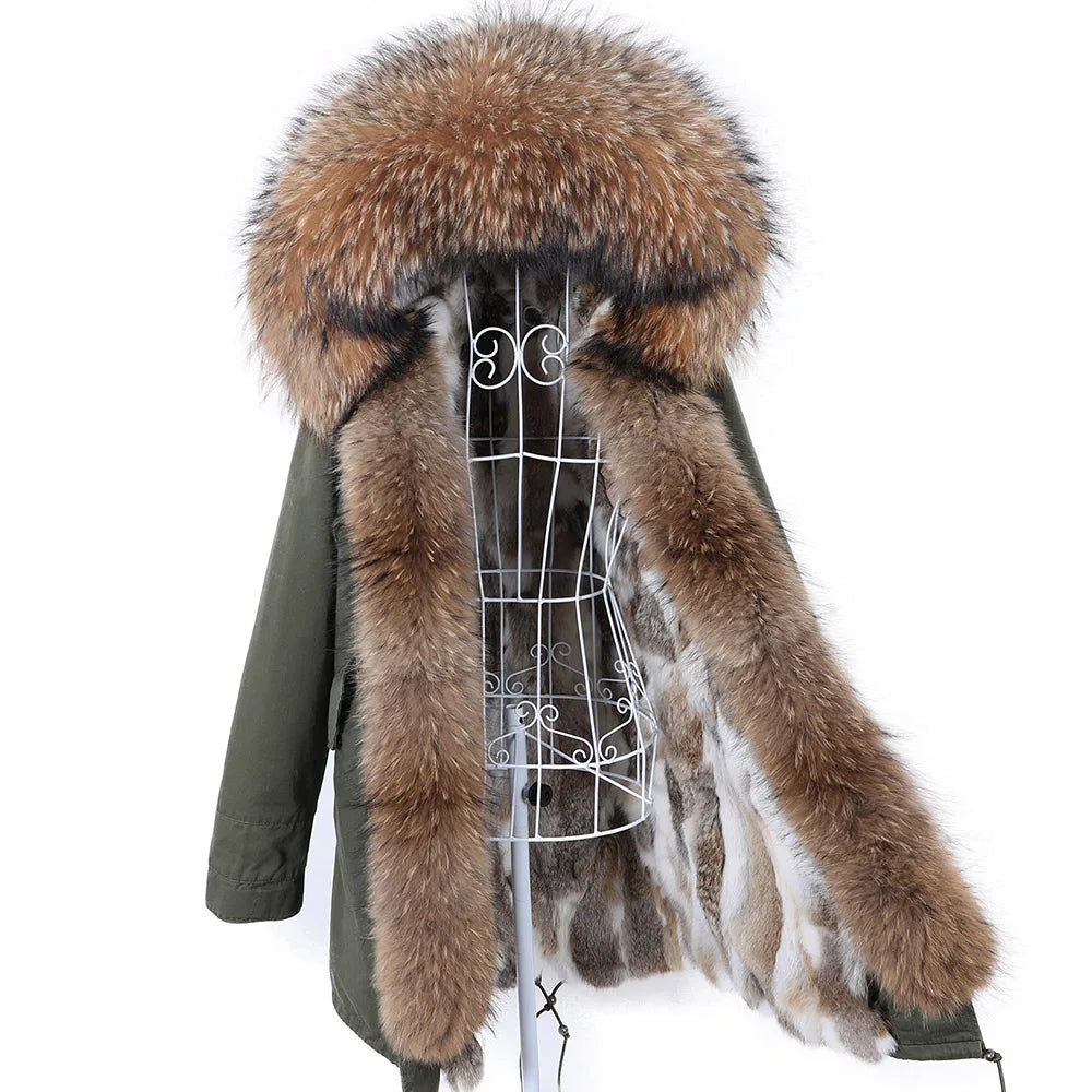 2026 Maomaokong Women's Winter Coats Rabbit Lining Jacket Natural Real Raccoon Fur Collar Parka Fox Fur Long Female Clothing