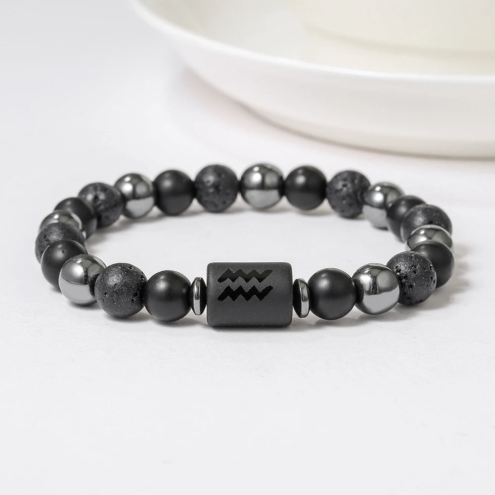 New Arrival 12 Zodiac Energy Bracelet Natural Volcanic Stone Black Retro Handmade Couple Beaded Jewelry