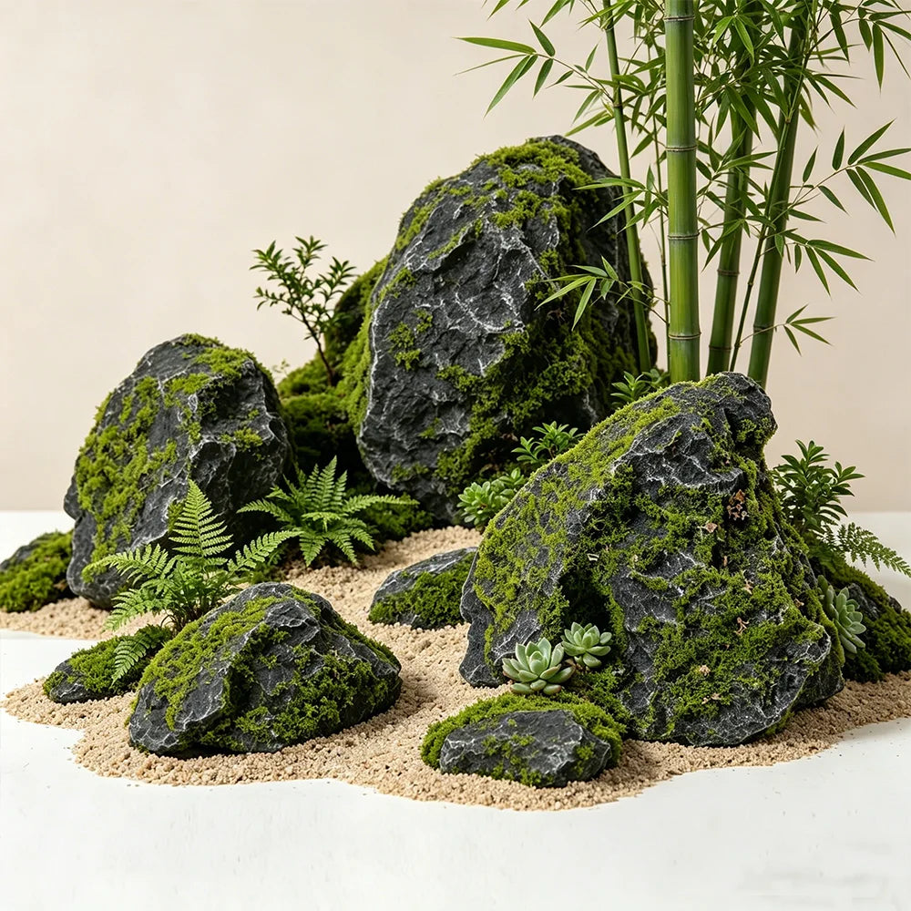 1 Piece PU Green Moss Simulation Stone Imitation Gypsum Photography Props Performance Decorations for Home Garden