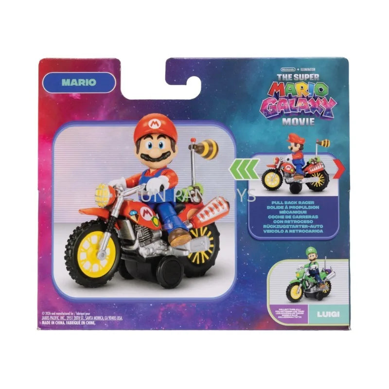 Original Super Mario Galaxy Movie 2.5 Inch Mario Luigi Pull Back Motorcycle Racer Action Figure Set Collectible Toy for Kids Fan