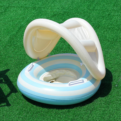 1 Pc Striped Pool Float Ring with Handles, Inflatable Swim Tube with Canopy Sunshade