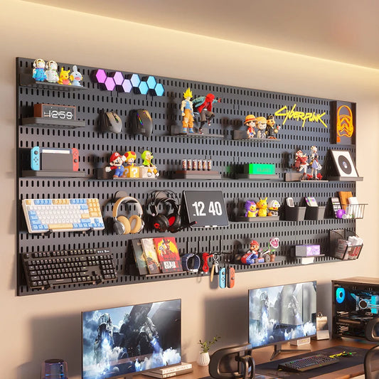 No-Drill Gaming Room Pegboard, Wall Organizer for Controller, Headphone & Keyboard Stand, Multi-Functional Display Storage Rack
