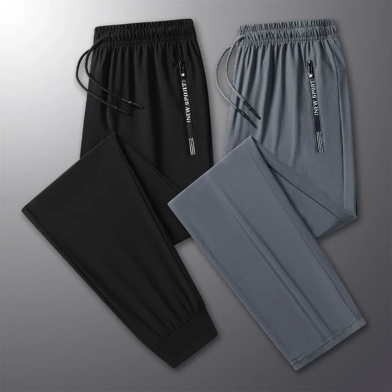 Summer New High Quality Ice Silk Pants For Men's Feet Tie Sports Elastic Quick Drying Sweat-absorbing Straight Leg Pants 2PCS