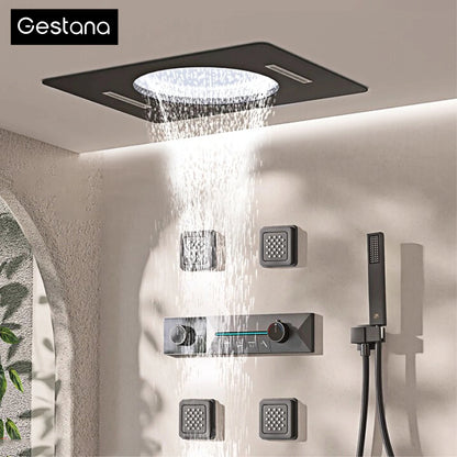 Gunmetal Gray Ceiling Mounted 4-Function Waterfall Shower System with Embedded Brass Thermostatic LED Display Body for Bathroom