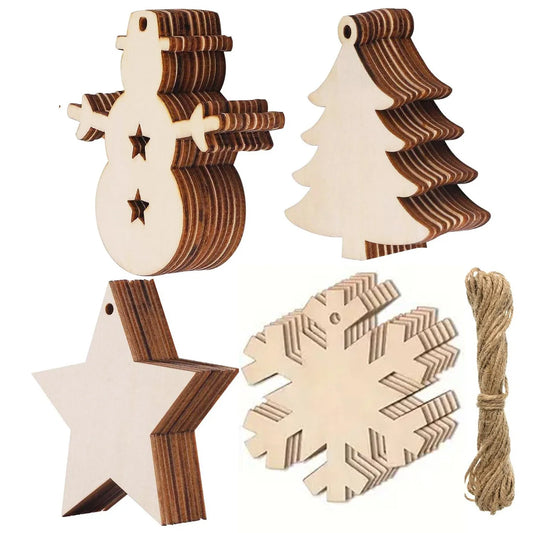 40pcs DIY Wooden Christmas Ornaments Blank Paintable Wood Chips for Christmas Tree with 10m Hemp Rope Crafts Decoration