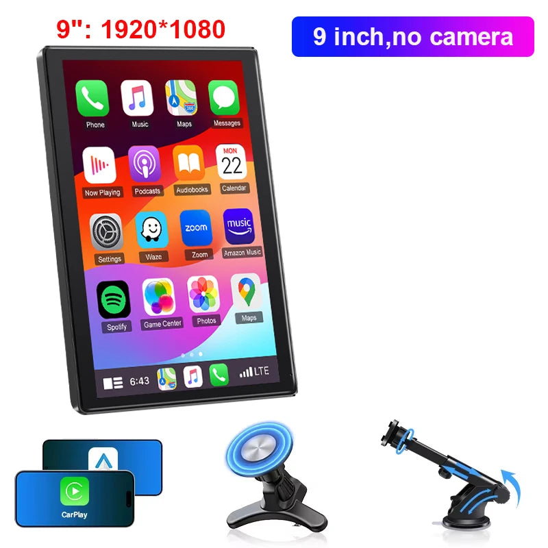 Jansite 9" Vertical Screen Car Radio Multimedia Video Player Wireless Carplay Android Auto Magnetic bracket Car Monitors GPS