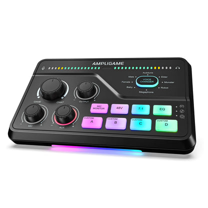 FIFINE SC8 Audio Mixer with RGB Lighting & Voice Changer, XLR Mic Preamp, 3 EQ Modes, Plug & Play for Gaming/Streaming/Podcast