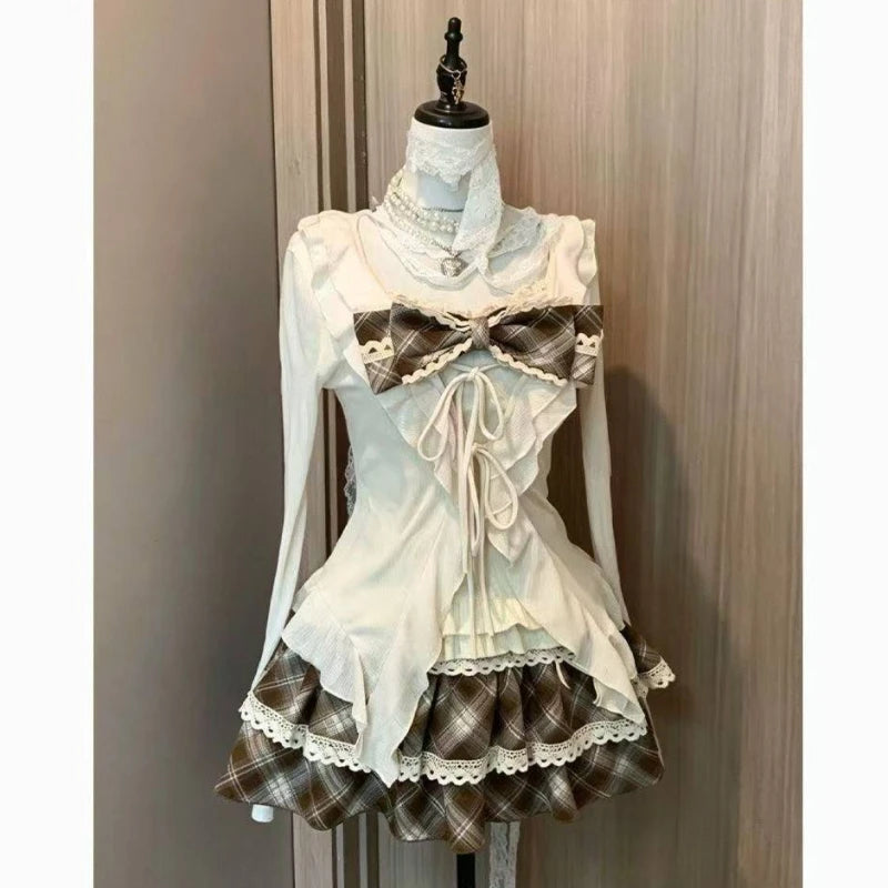 Sweet Lolita Lace Up Ruffles Cardigan+ Sexy Slim Fit Strapless Vest Tops+ High Waist Ruched Skirts Early Autumn Three Piece Sets