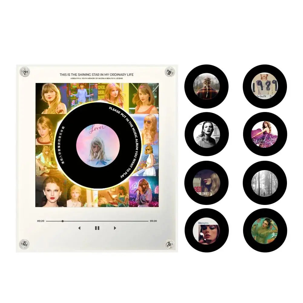 Creative Vinyl Disc Player Fridge Magnet Decor,with 9Pcs NFC Rotating Disc Cards ,NFC Sensing Retro Player With Night Light