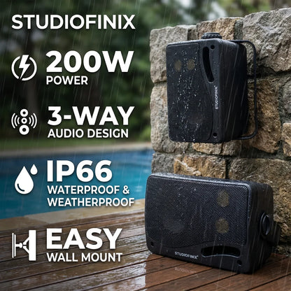 STUDIOFINIX 3.5‘’ Outdoor Speakers Passive Wired 3-Way Clear Sound 200W Weatherproof Wall Mount for Patio Marine Boat（2PCS）