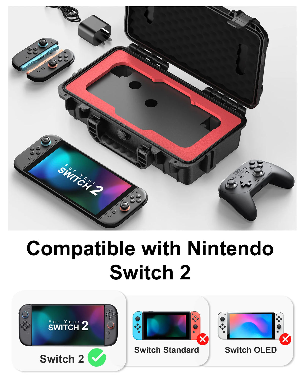 Waterproof Hard Travel Case for Nintendo Switch 2 Console, 2 Pro Controllers, 16 Game Cards and Other Accessories