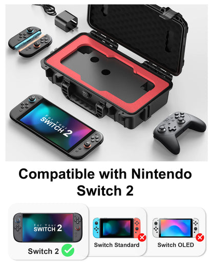 Waterproof Hard Travel Case for Nintendo Switch 2 Console, 2 Pro Controllers, 16 Game Cards and Other Accessories
