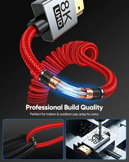 90 Degree HDMI‑Compatible Cable Coiled Spring Braided 8K 60Hz 4K 120Hz 48Gbps Male‑to‑Male Stretch Wire for Camera Field Monitor