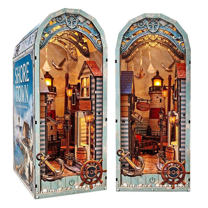 NEW DIY Wooden Shore Town House Book Nook Shelf Insert Kits Miniature Model Kit Bookend for Friends Birthday Gifts