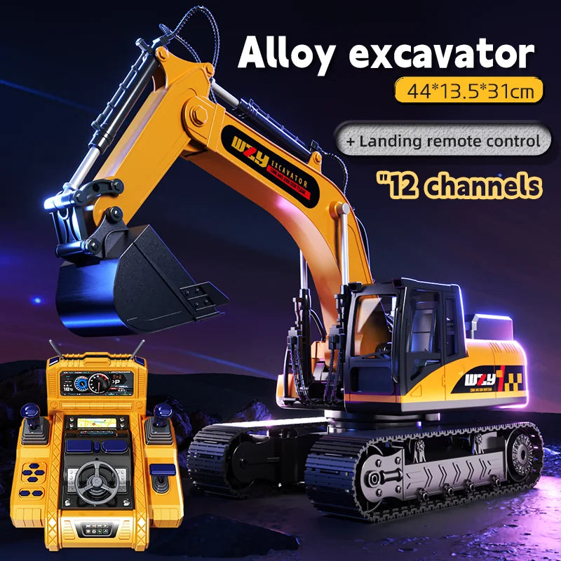 Large Alloy RC Excavator Remote Control Construction Vehicle with Operation Console, LED Light, 680° Rotation, Digger Truck Toy