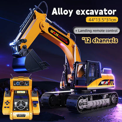 Large Alloy RC Excavator Remote Control Construction Vehicle with Operation Console, LED Light, 680° Rotation, Digger Truck Toy